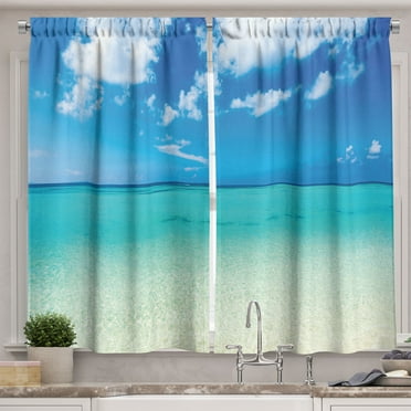 Ambesonne Summer Kitchen Curtains, Ocean Dreamy Sea Beach, 55"x39", Turquoise Blue
