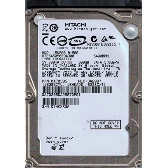 Hitachi HTE545050B9A300 P/N: 0A70395 MLC: DA2987 500GB Thailand