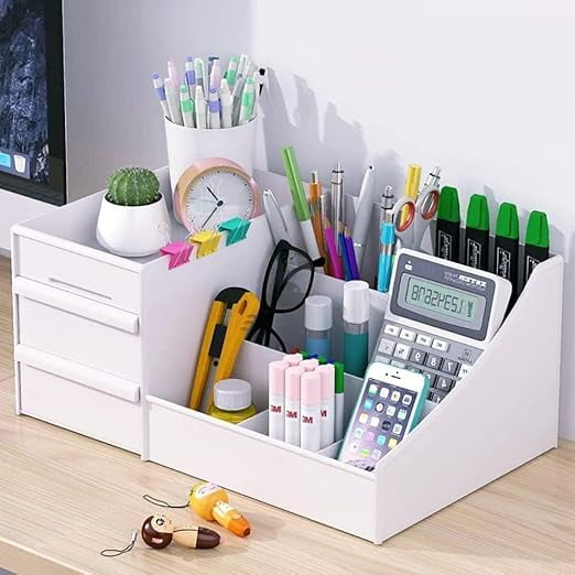 Shuttle Art Office Desk Organizer with Drawer, All in One Office Supplies and Cool Desk Accessories Pen Holder, Desktop 8-Compartment Laddered Desk Organizer(White)