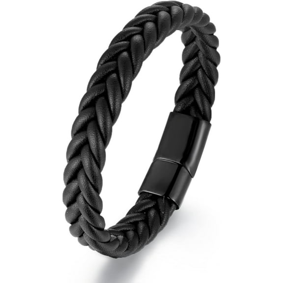 Handmade Braided Leather Bracelet, Black Stainless Steel Clasp, Mens, Cool Classic Stylish