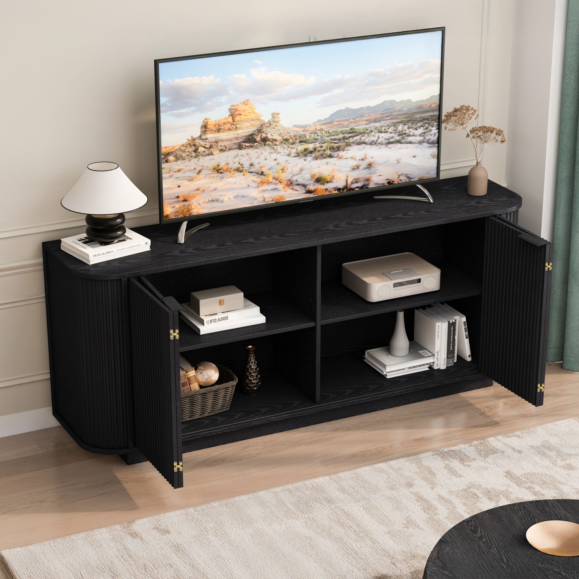 BSHTI 63" MDF Buffet Cabinet with Wavy Door Design, Adjustable Shelves, Sideboard Storage for Kitchen Living Room Dining（Black）