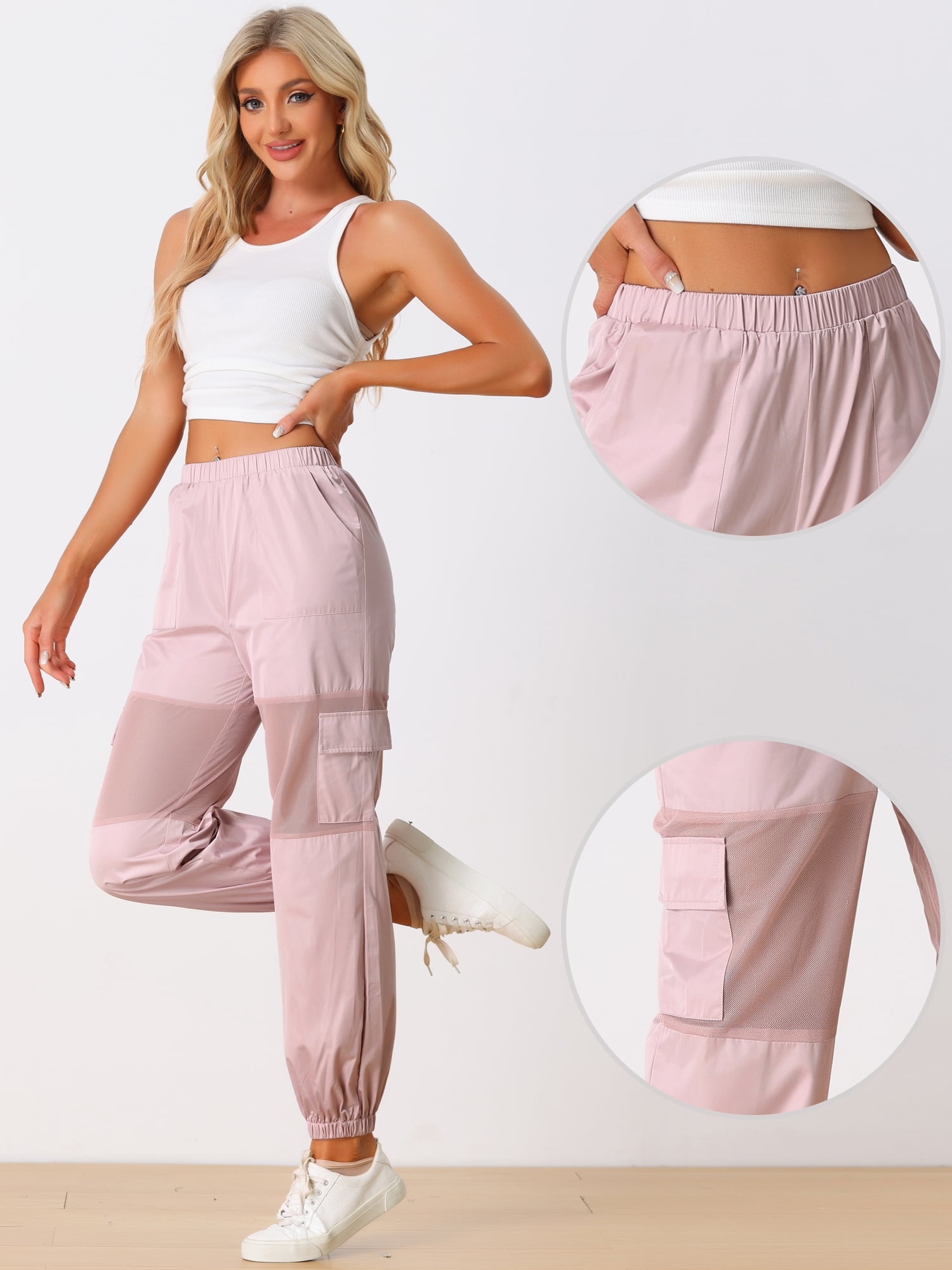 DARING DIVA Women's High Waist Mesh Panel Sheer Baggy Cargo Pants M Pink