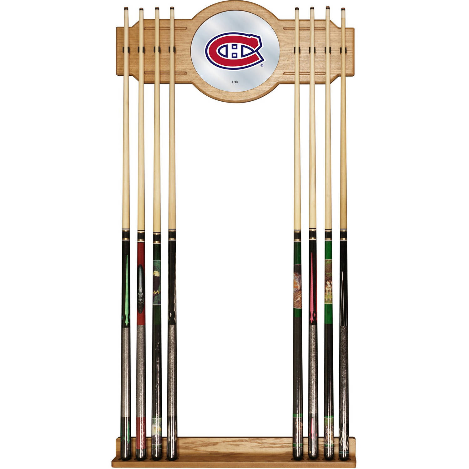 Deluxe Hard Wood Boston Red Sox Cue Wall Rack Holds 6 Cues Mirrored Sox Logo 