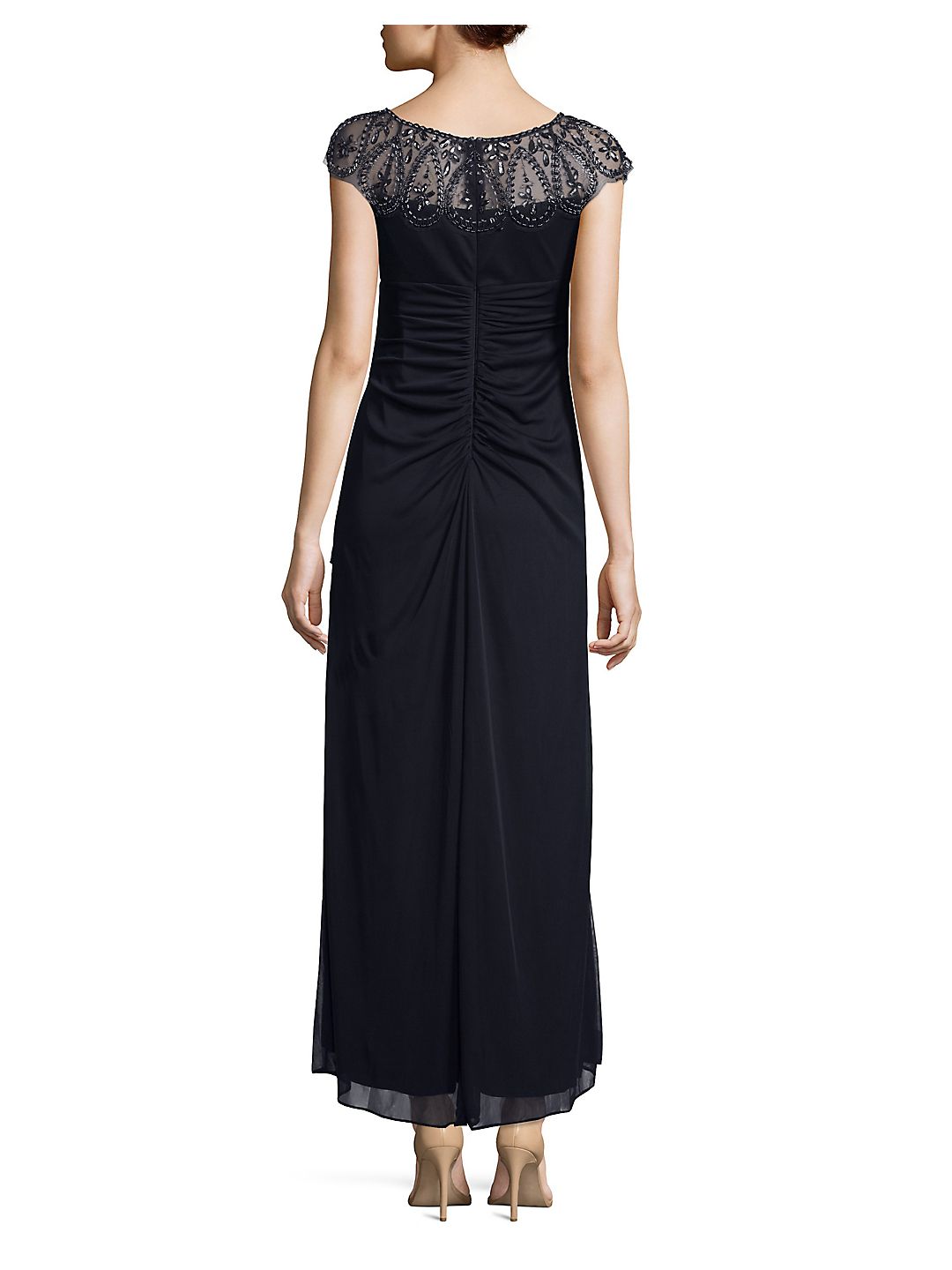 xscape embellished mock wrap gown