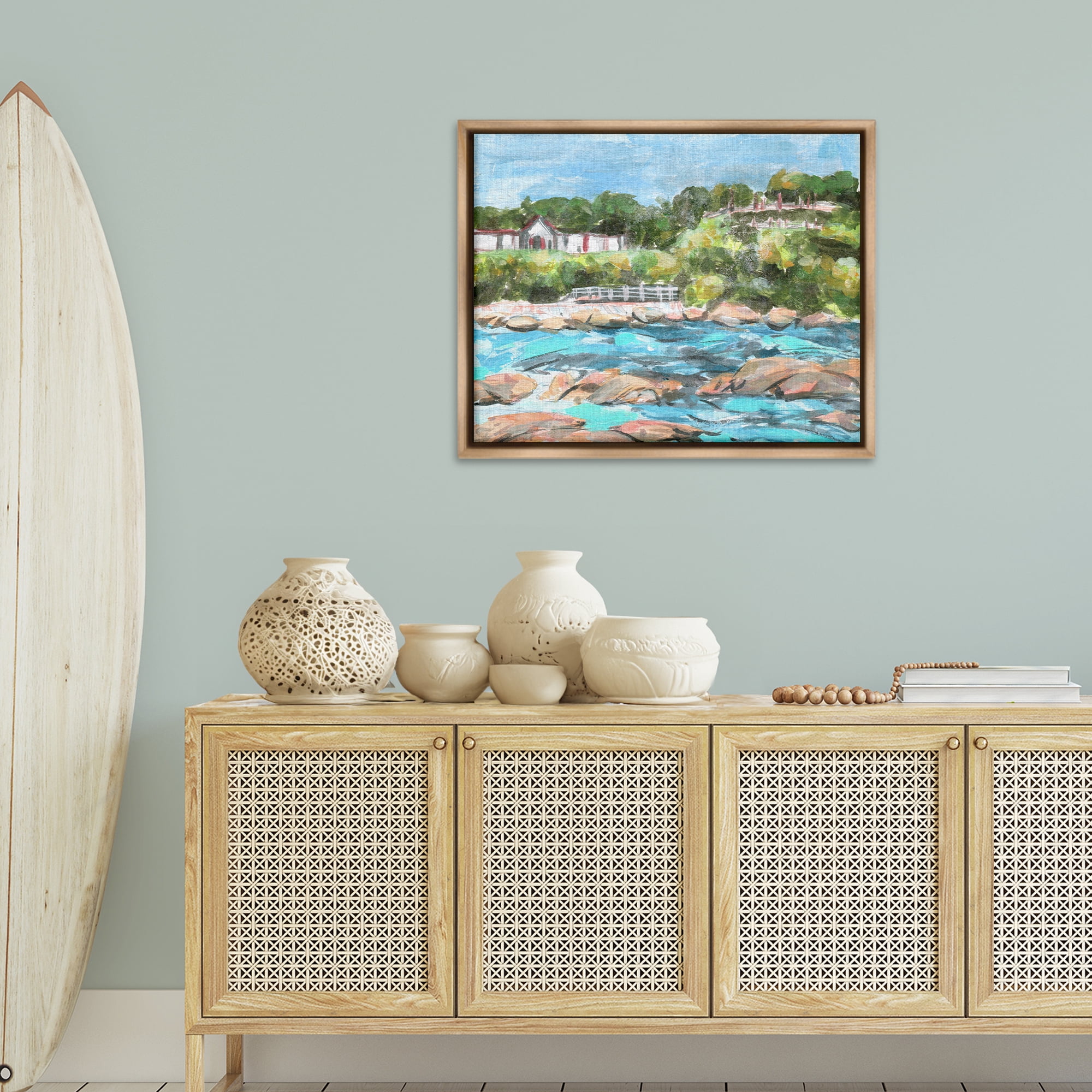 Stupell Industries Rocky Nautical Landscape Landscape Painting Brown Floater Framed Canvas Art Print Wall Art, 31 x 25