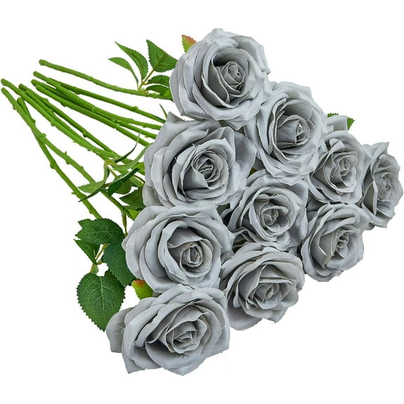 Plum Artificial Rose 10pcs Open Flower Bouquet Faux Rose Stems for Wedding Arrangement, Bridal Bouquet, Centerpiece, Fake Faux Silk Flowers