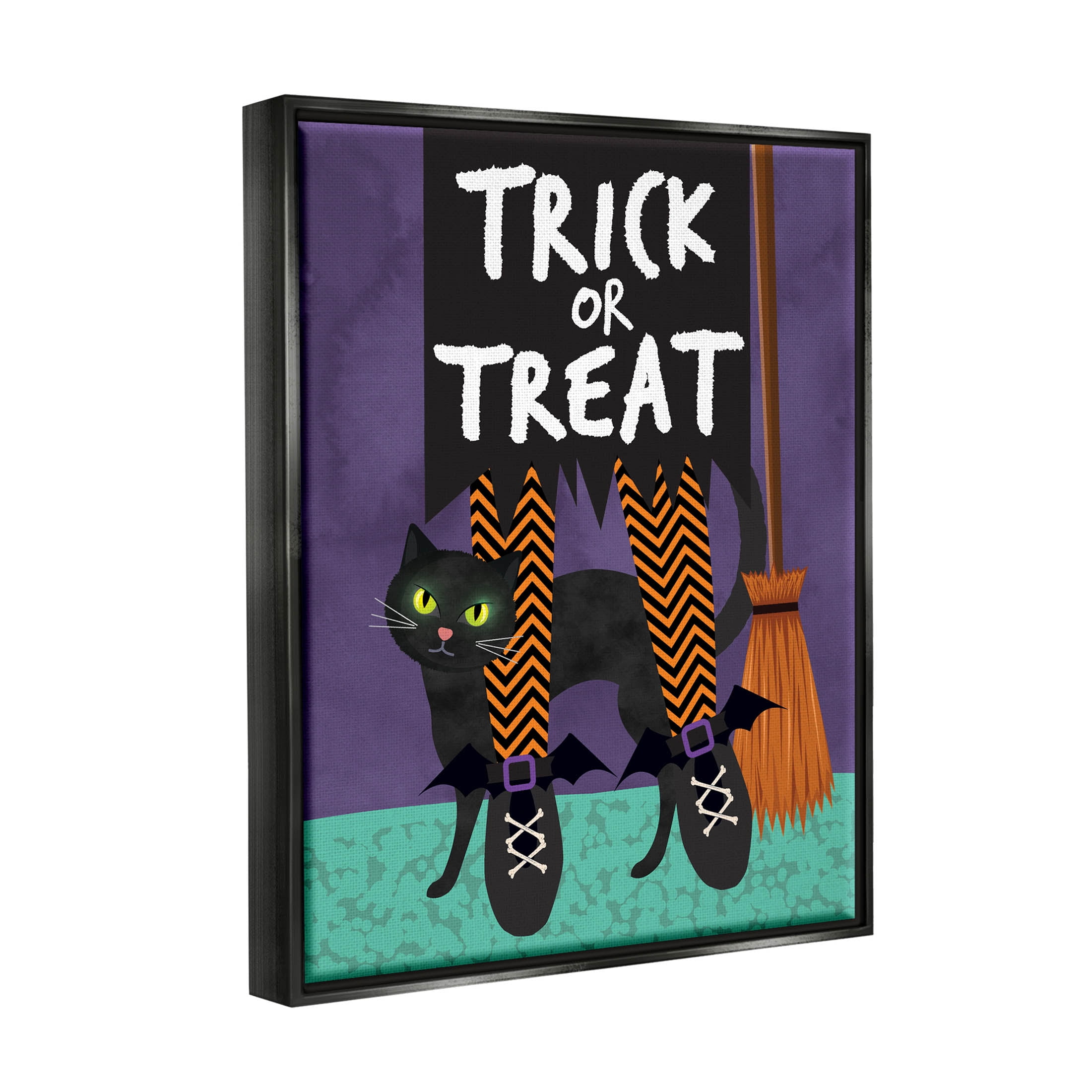 Stupell Industries Trick or Treat Cat & Witch Graphic Art Jet Black Floating Framed Canvas Print Wall Art, Design by Linda Birtel
