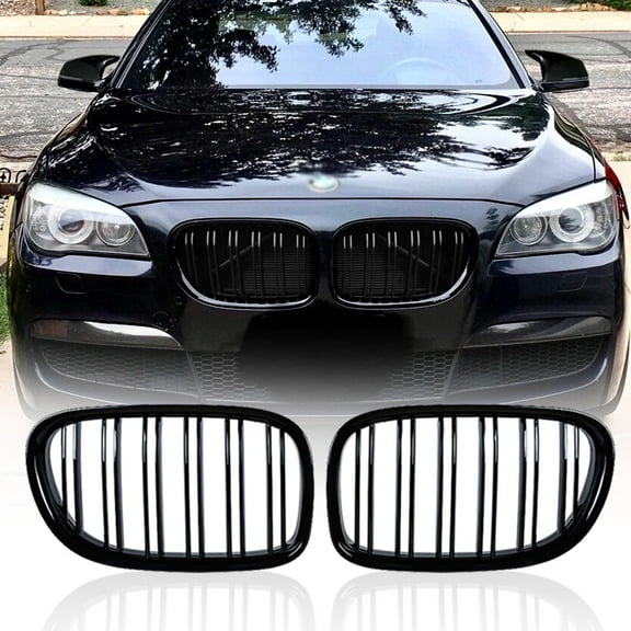 Astra Depot Glossy Black Front Kidney Grill Inserts Dual Slats for 2009-2015 BMW 7-Series F01 F02 750li 4D Sedan​