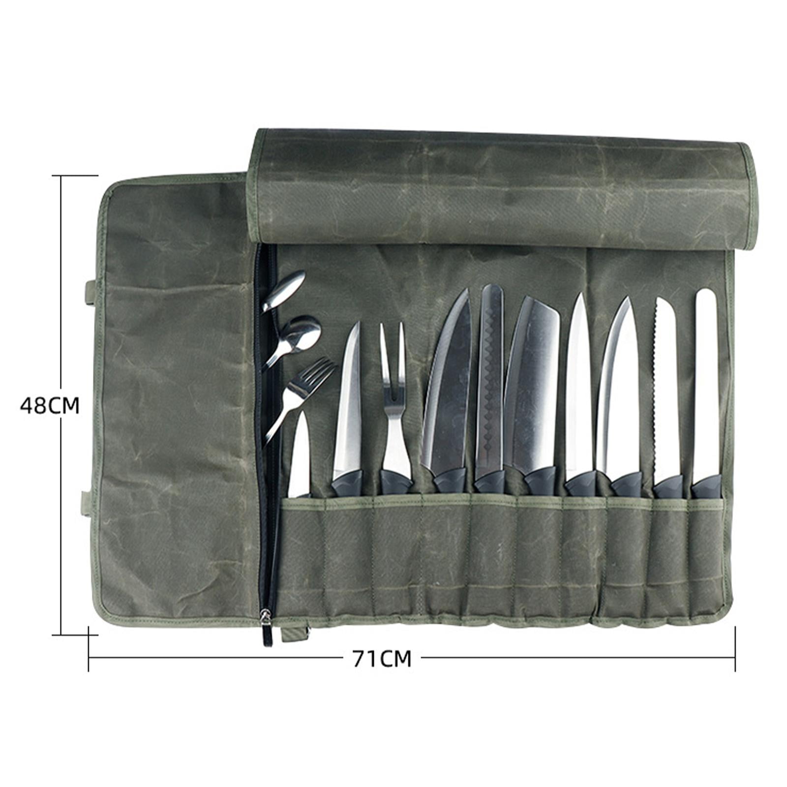Fiocias Portable Roll Bag Cooking Tools Storage with Shoulder Strap Case 10 Slots Carry Case Pouch Holders for Travel Picnic BBQ