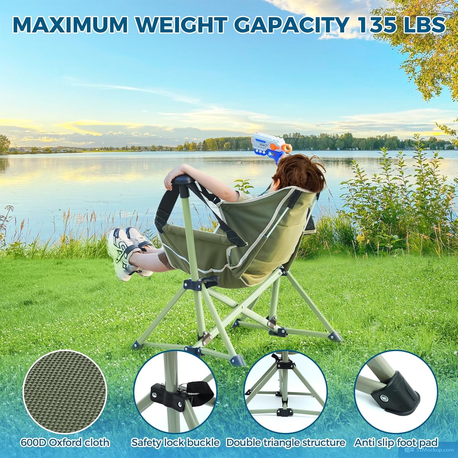 Kids Hammock Chair with Stand, Adjustable Folding Portable Chair for Camping Travel and Patio, Green, Supports 135 Lbs