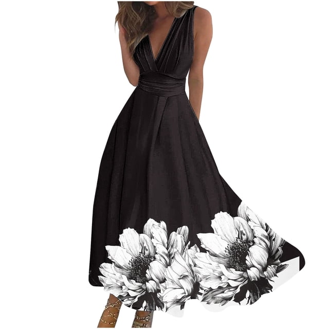 RKSTN Robes d'Été pour Femmes 2024 Imprimé Floral Boho Sans Manches Col en V Poitrine Enveloppée Robes de Cocktail Mode Décontractée Ample Grande Taille Robes d'Invité de Mariage