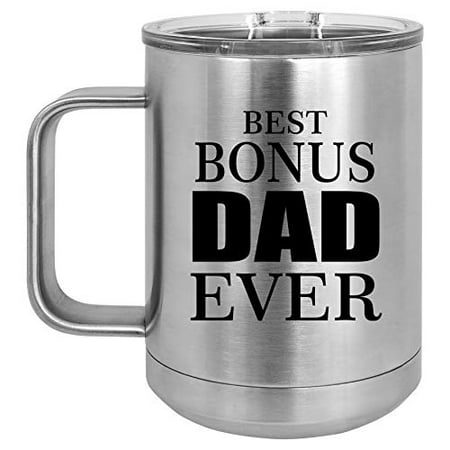 15 oz Tumbler Coffee Mug Travel Cup With Handle & Lid Vacuum Insulated Stainless Steel Best Bonus Dad Ever Step Father (Best Travel Coffee Mug With Handle)
