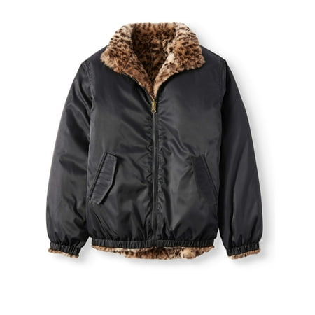 Rabbit Fur Bomber - Reversible Leopard Faux Fur Bomber Jacket (Little Girls & Big Girls)