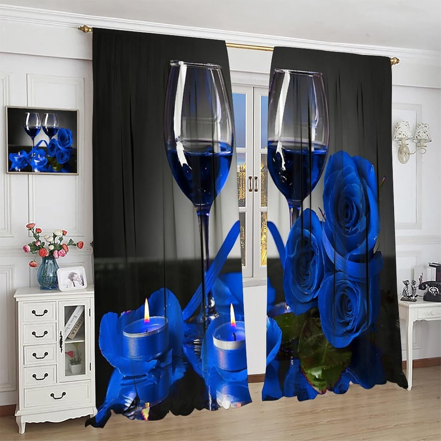 Blue Rose Wine Curtains Romantic 3D Rose Wine Glass Blossom Floral Flower Petals Valentines Curtain with Rod Pocket for Bedroom Living Room Drapes Window Treatments 2 Panels Set 84x84in