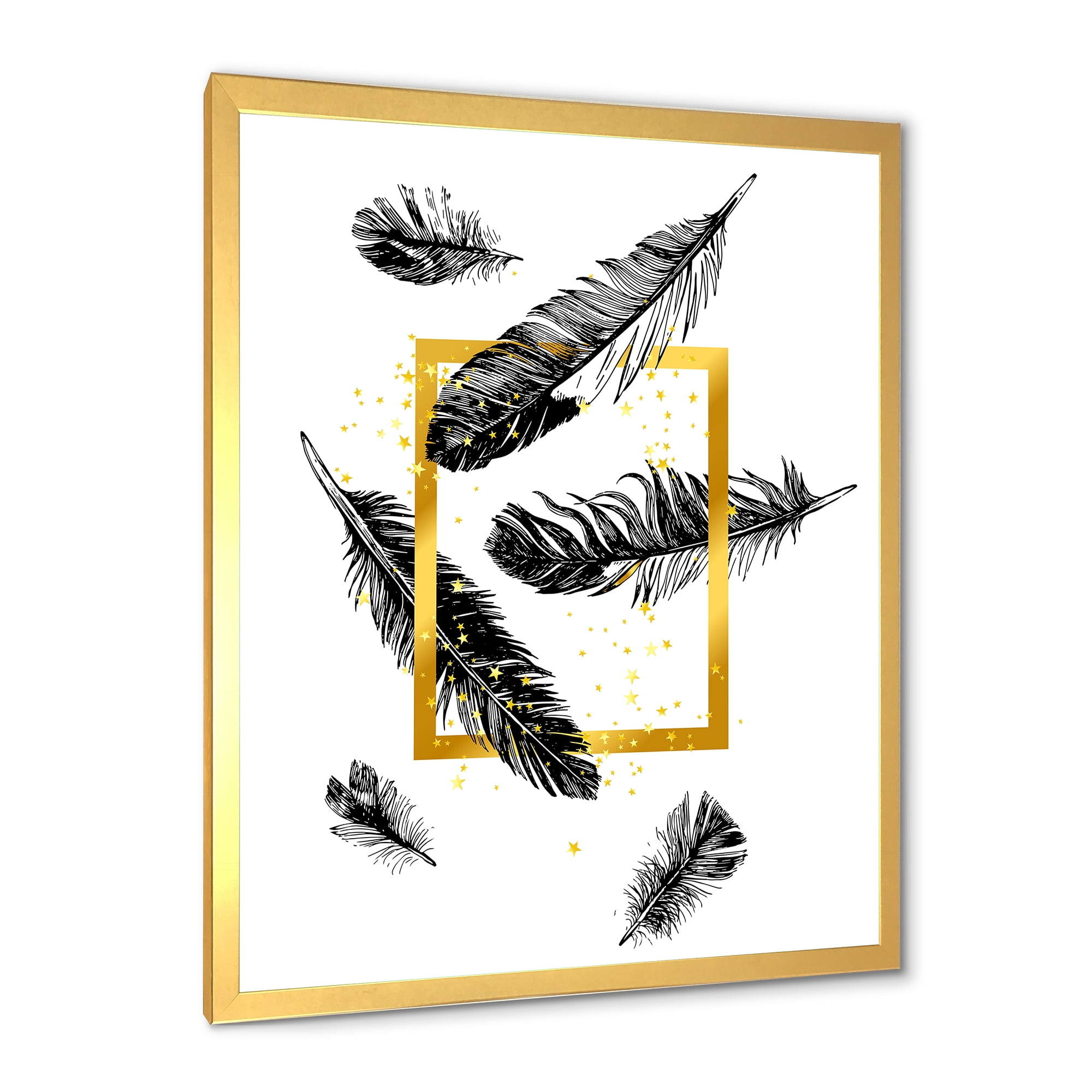 Designart 'Feathers and Golden Frame' Bohemian & Eclectic Framed Art Print