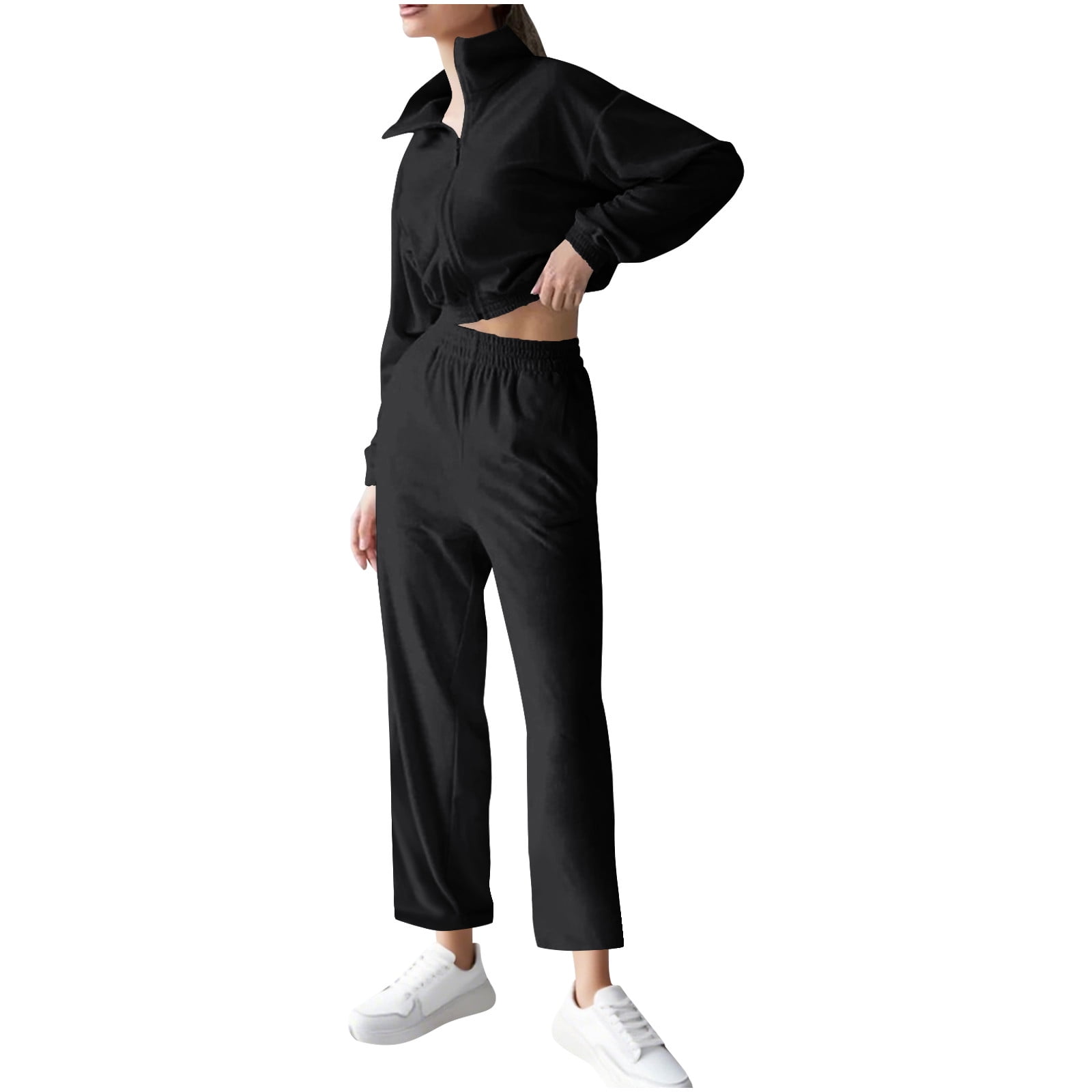 UPPADA Womens Two Piece Sweatshirts Set 2 Piece Long Sleeve Zip Up Tops Casual Loose Pant Outfits Set Ladies 2 Piece Pants Sets Casual Spring Lounge Set Black,M