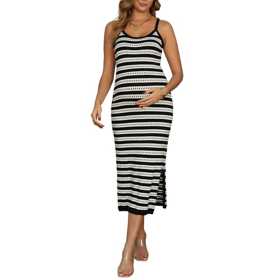 INSPIRE CHIC Women's Maternity Dress Bodycon Striped Long Midi Sleeveless Cami Knit Casual Fitted Pregnancy Dresses M Black