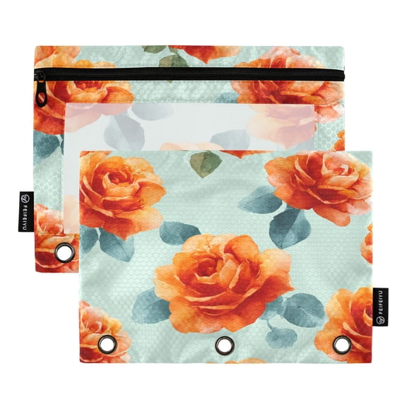 2 Pack 3 Ring Binder Pouch with Clear PVC Window Water Resistant Zipper Pencil Pouch Yellow-orange Roses Pattern Binder Pocket for Classroom Office Home Stationery Organization