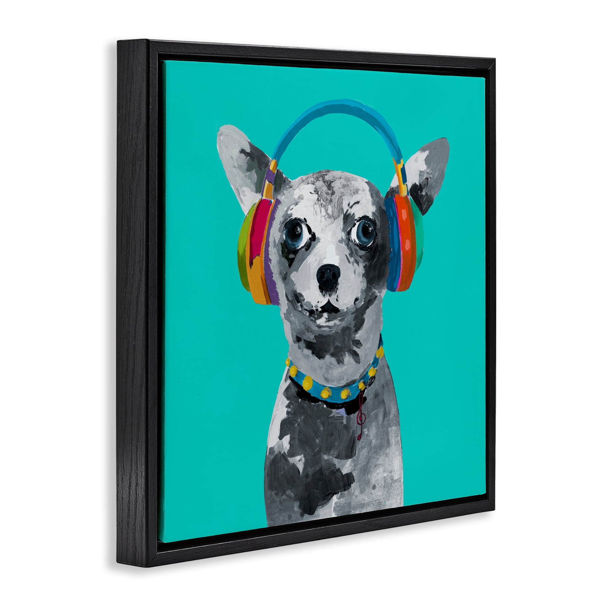 Stupell Industries Jammin' Pup on Blue Black Framed Floater Canvas Wall Art, design by Lorenzo Collective