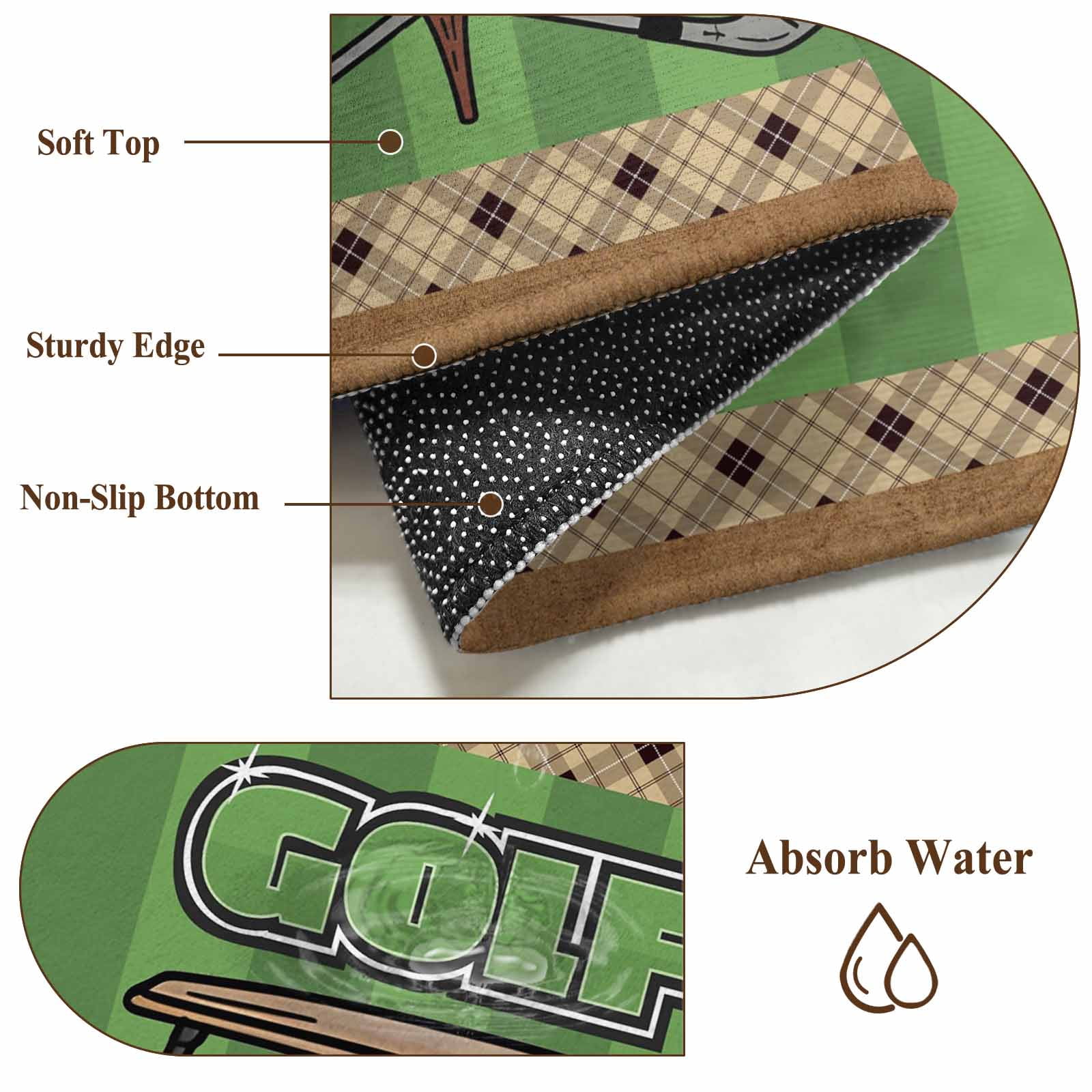 Entrance Runner Rug 2'x3', Golf Balls Non-slip Doormat for Indoor Outdoor Entrance, Green Sports Art Truck Brown Lattice Washable Throw Floor Mat for Front Door/Living Room/Bedroom/Bathroom/Kitchen