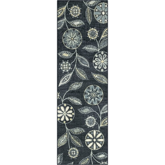 Maples Rugs Reggie Floral Runner Rug - Made in USA - Washable, Non Slip Indoor Carpet for Kitchen, Hallway, and Laundry Room, 2'6" x 8', Persian Blue