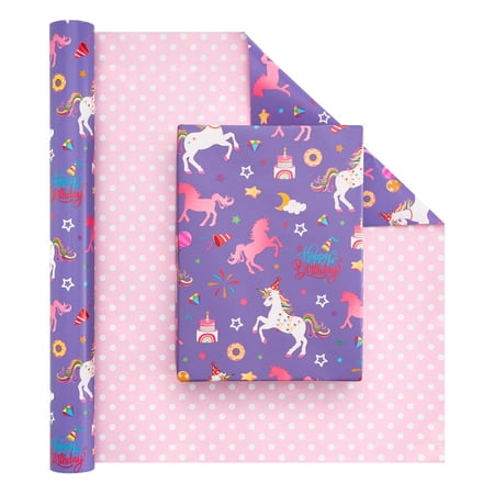 WERNNSAI Unicorn Princess PresNok Wrapping Paper Roll - 1 Roll x 33 ft Happy Birthday Wrapping Paper Roll Kids Unicorn Birthday Gift Wrap Roll Girls Princess Theme Party Favor Polka Dot Design
