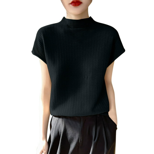 Timegard Hauts d'Été pour Femmes Col Ras du Cou Manches Courtes Couleur Unie Ample Confortable Décontracté Haut T-Shirts en Tricot