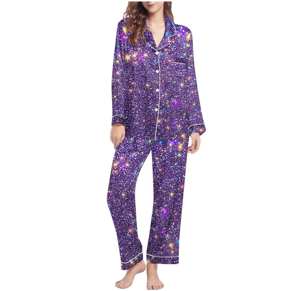 successthop Button Down Pajamas Women Bling Print Long Sleeve Lapel Sleepwear and Pj Pant Print Nightwear with Pockets L