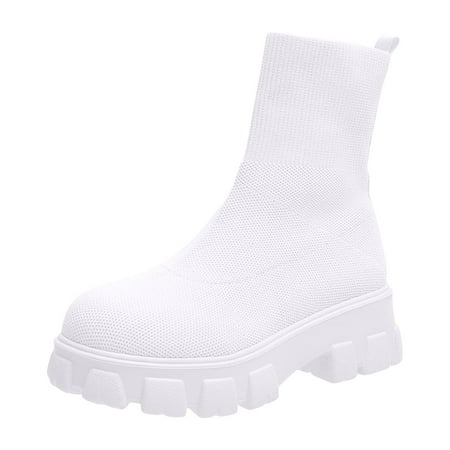 Lovskoo 2024 Women s Platform Knit Ankle Boots Slip On Wedding Dress Shoes Comfortable Non-Slip Elastic Outdoor Winter Knitted Booties White