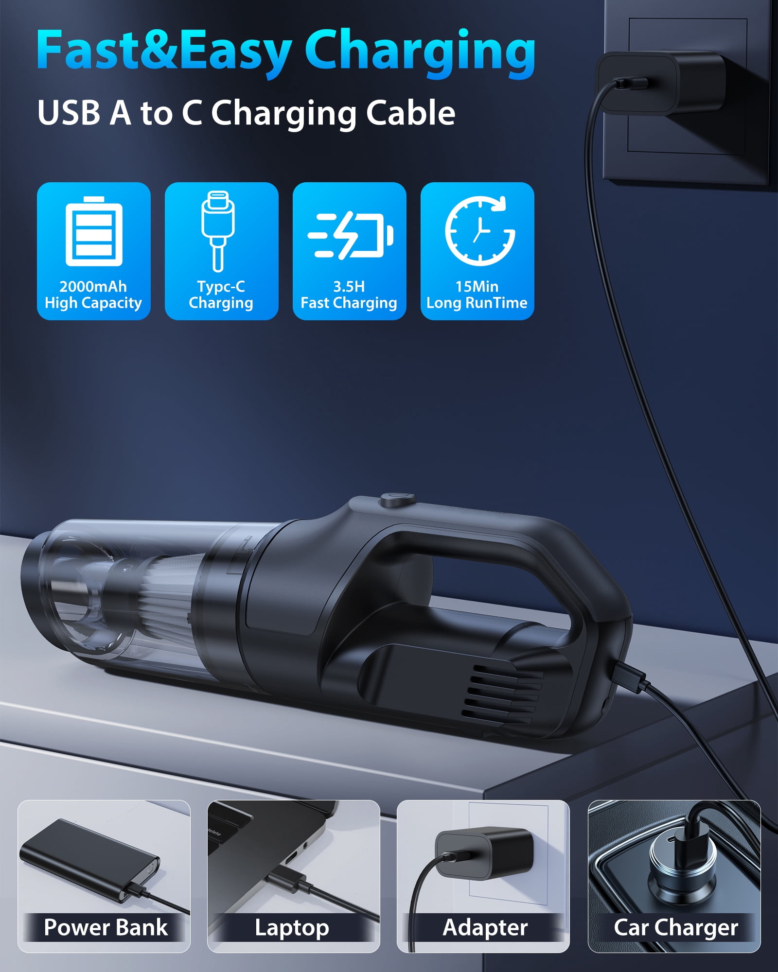Aeitto Handheld Vacuum Cleaner,4-in-1 10000Pa Cordless Car Vacuum,Portable Rechargeable 1.5lbs Lightweight Hand Vacuum with LED light for Home Office Cleaning,Black