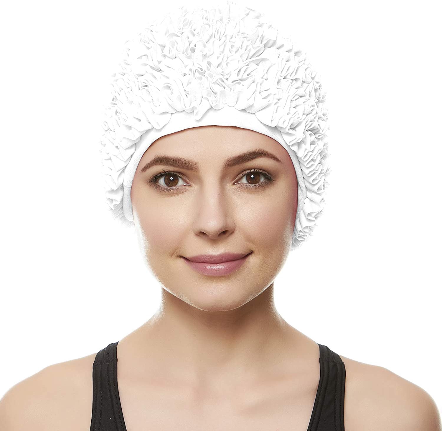 Beemo Women’s Swim Bathing Cap Turban–Polyester Latex Lined Ruffled Shower Cap, White