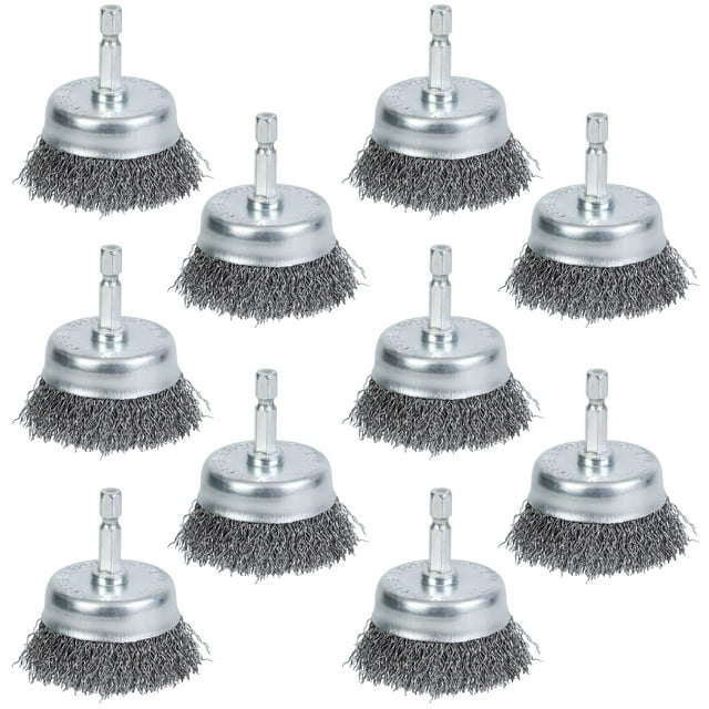 Cepillo con forma de copa de alambre WUBOECE de acero con alto contenido de carbono, 10 unidades con vástago hexagonal de 1/4