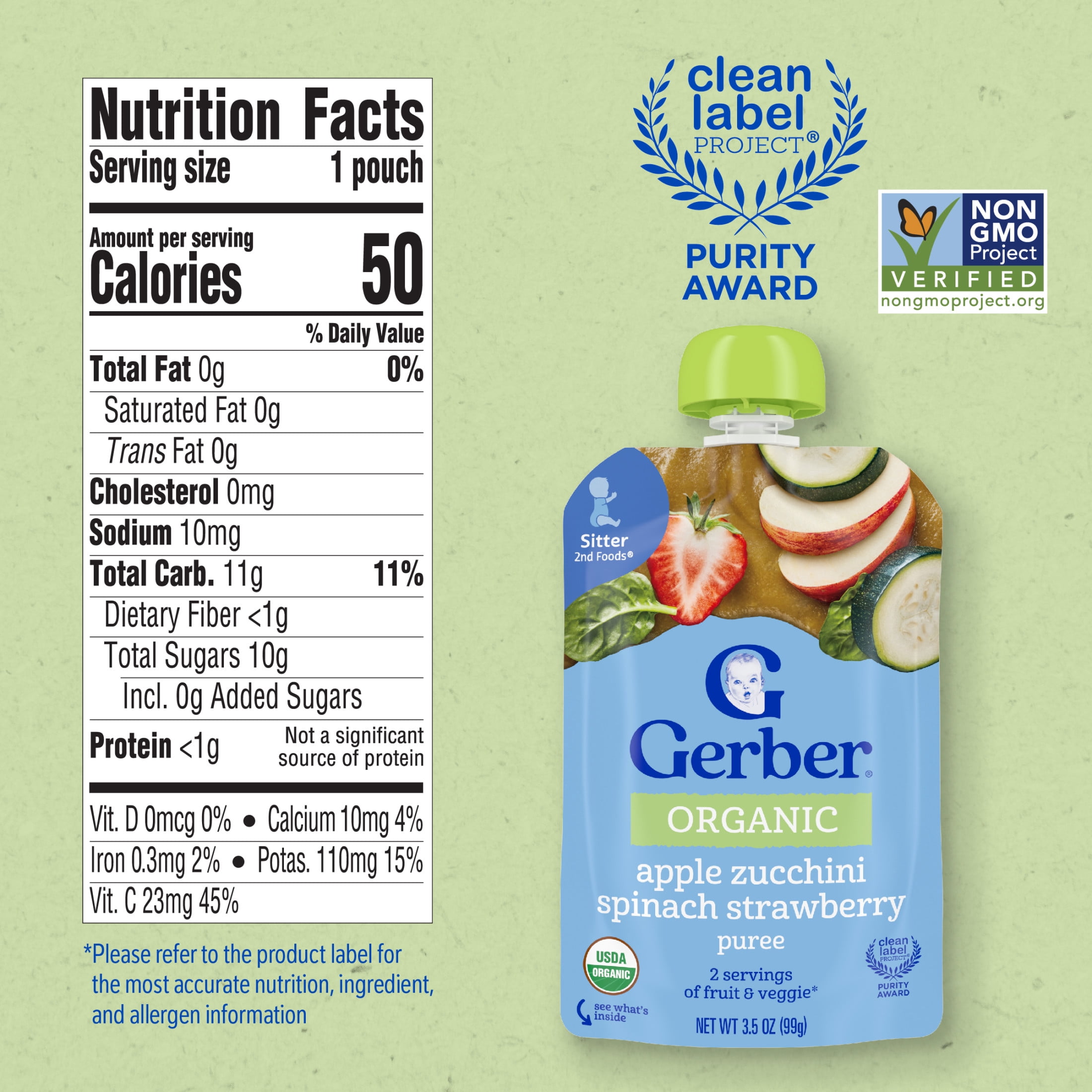 Gerber 2nd Foods Organic for Baby Baby Food, Apple Zucchini Spinach Strawberry, 3.5 oz Pouch (12 Pack)