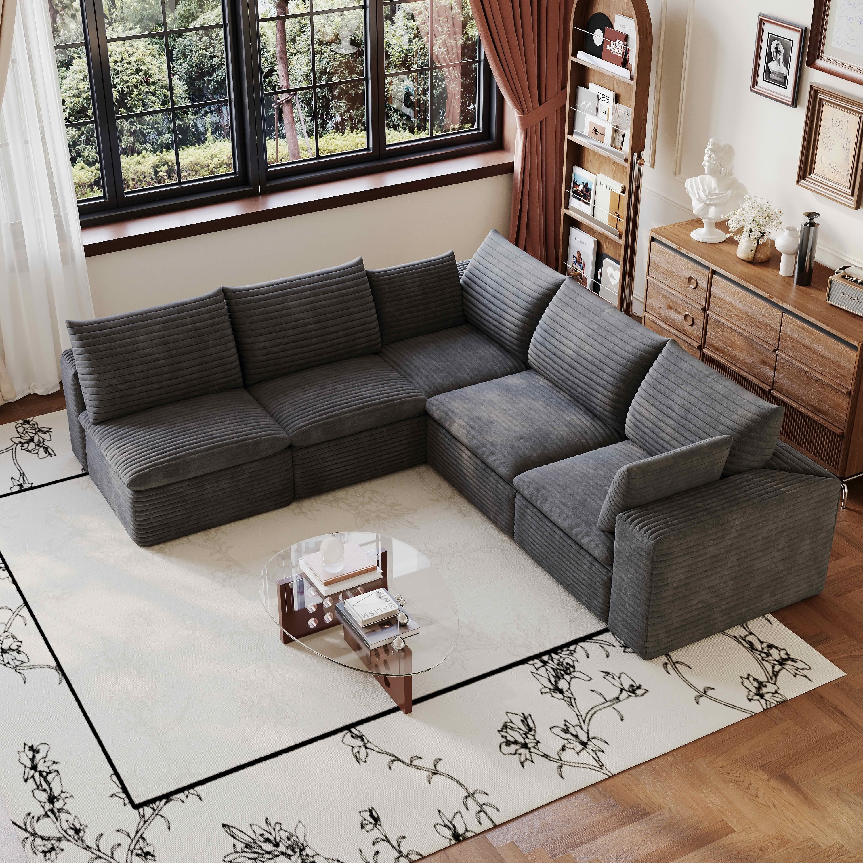 MAYEERTY 99×103-Inch Dark Gray Corduroy 5-Seat Cloud Modular Sofa, Deep Seat DIY Combination Couch with Removable Cushion No Assembly Required