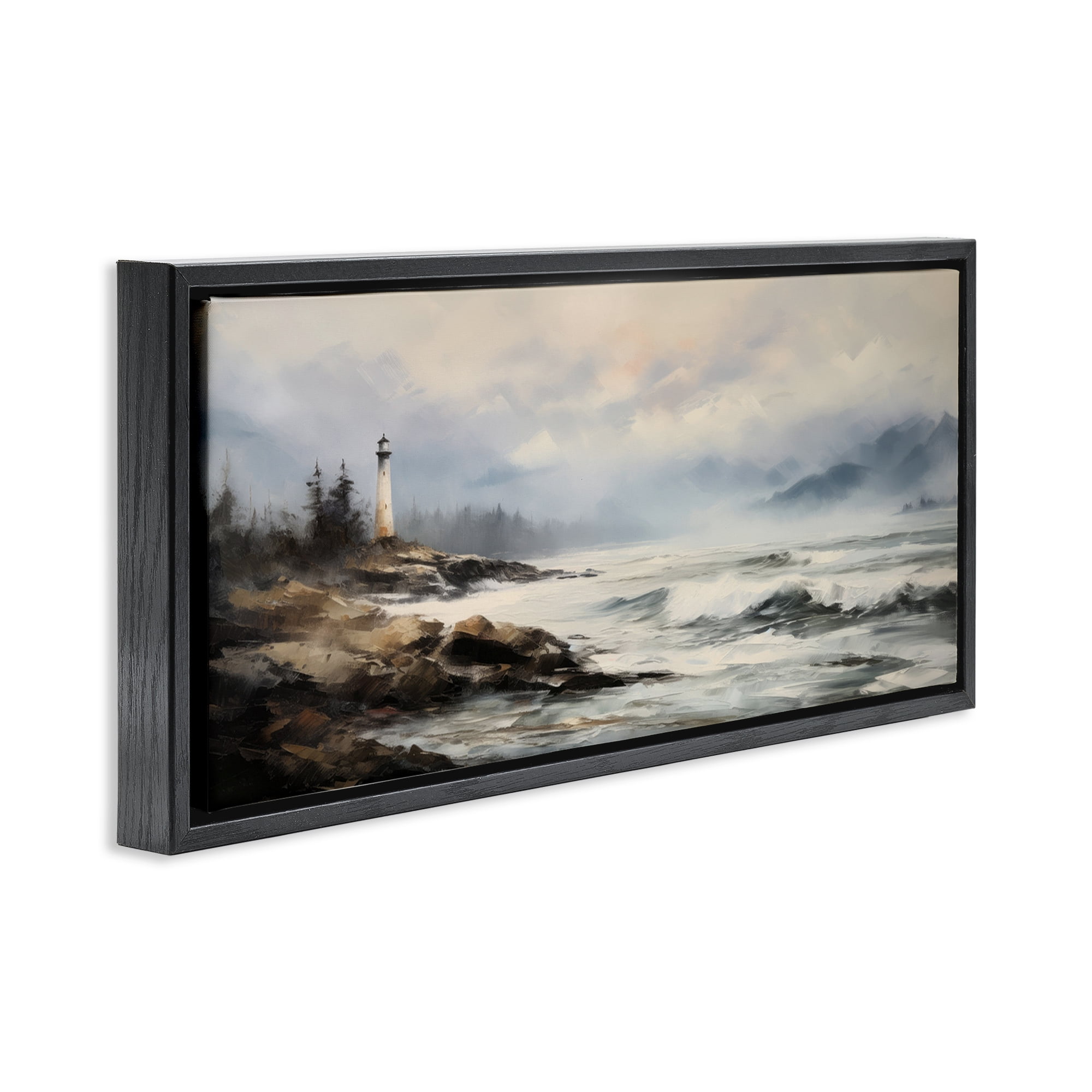 Stupell Industries Coastal Lighthouse Waves Coastal Painting Black Floater Framed Art Print Wall Art, 31 x 14