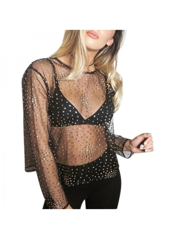 glitter mesh long sleeve top