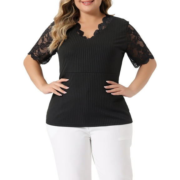 Unique Bargains Women's Plus Size Tops V Neck Elegant Lace Ribbed Knit Tunic Blouse 1X Black