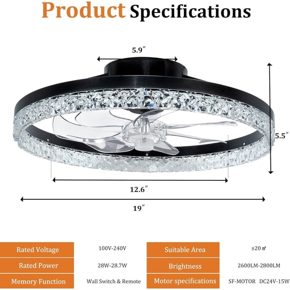 19 Inch Ceiling Fan with Light and Remote, Flush Mount Low  Fandelier with 3-Color Dimmable LED, 6-Speed Reversible  Motor for Bedroom Living Room Kids Room Black