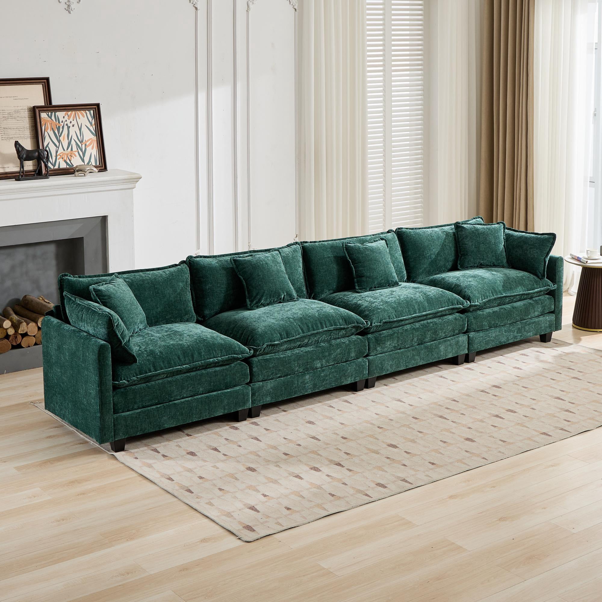 AISWORD 150" Extra Wide Modular Cloud Sofa, 4-Seater Sectional Couch with Double-Layer High-Elastic Sponge, Breathable Chenille Fabric Comfy Upholstered Settee for Living Room