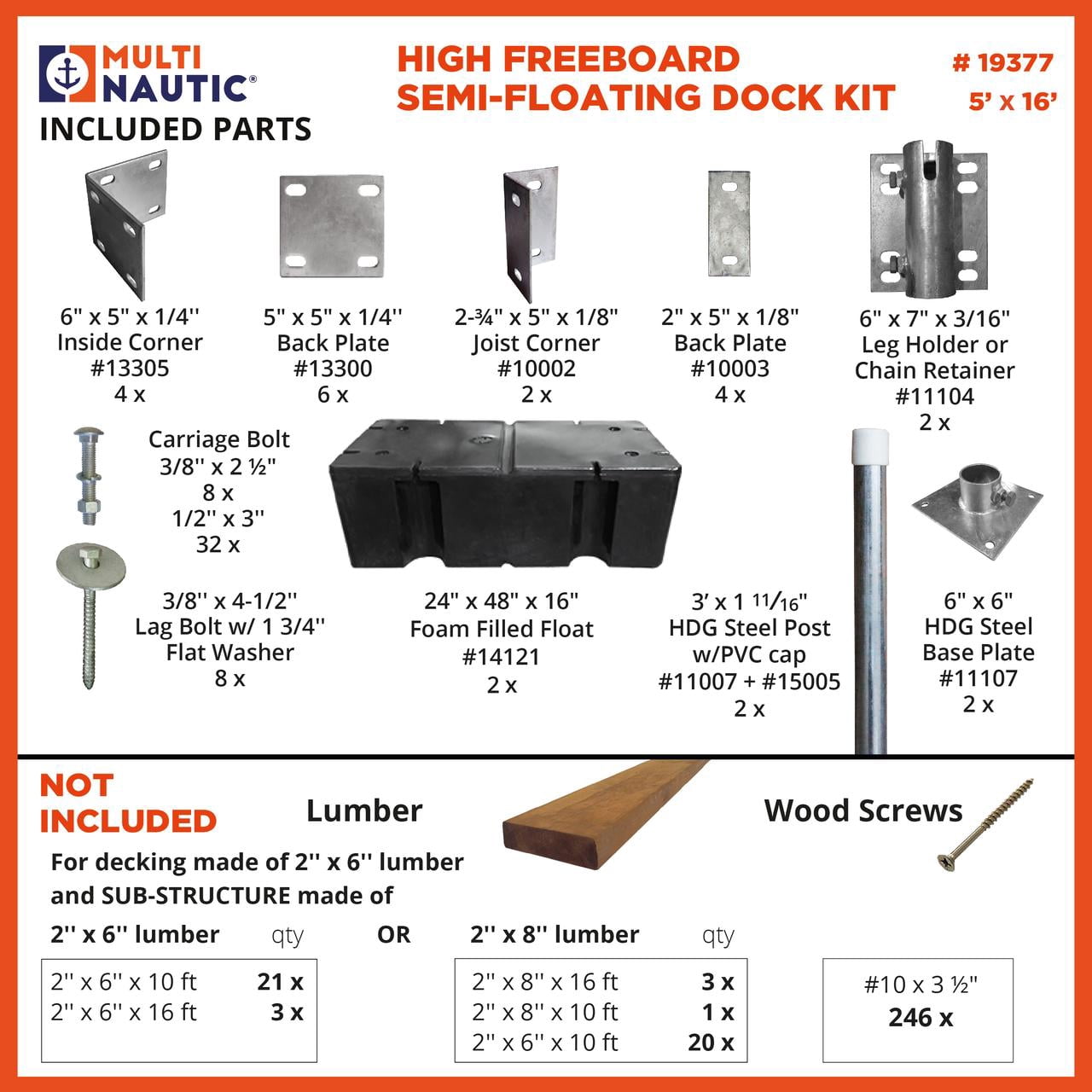 Multinautic 5 x 16 High Freeboard Semi-Floating Dock Hardware Kit with 2 Foam-Filled  Floats