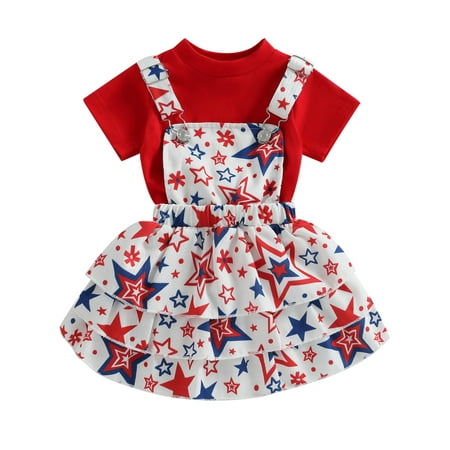 

Wallarenear 4th Of July Baby Girls Romper Shirt Tops Rainbow Print Suspender Overall Dresses