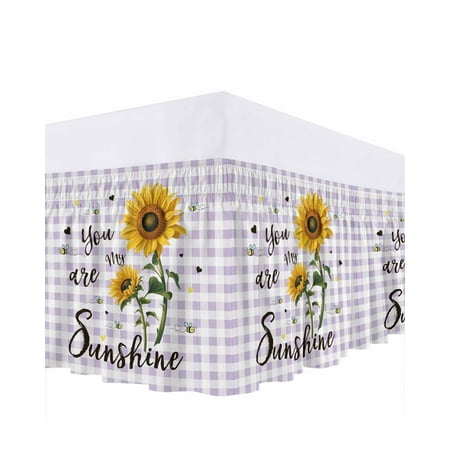 Sunflower Flower Bed Skirt Queen Size 16 Inch Drop, You Are My Sunshine Bee Spring Plant Purple Plaid Adjustable Elastic Dust Ruffles Bedskirt for Queen Bed Wrap Around Pleated Mattress Frame Cover