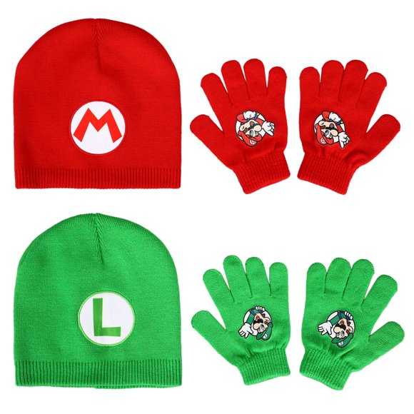 Super Mario Bros Mario & Luigi 2 Pack Kids Beanie & Gloves Set