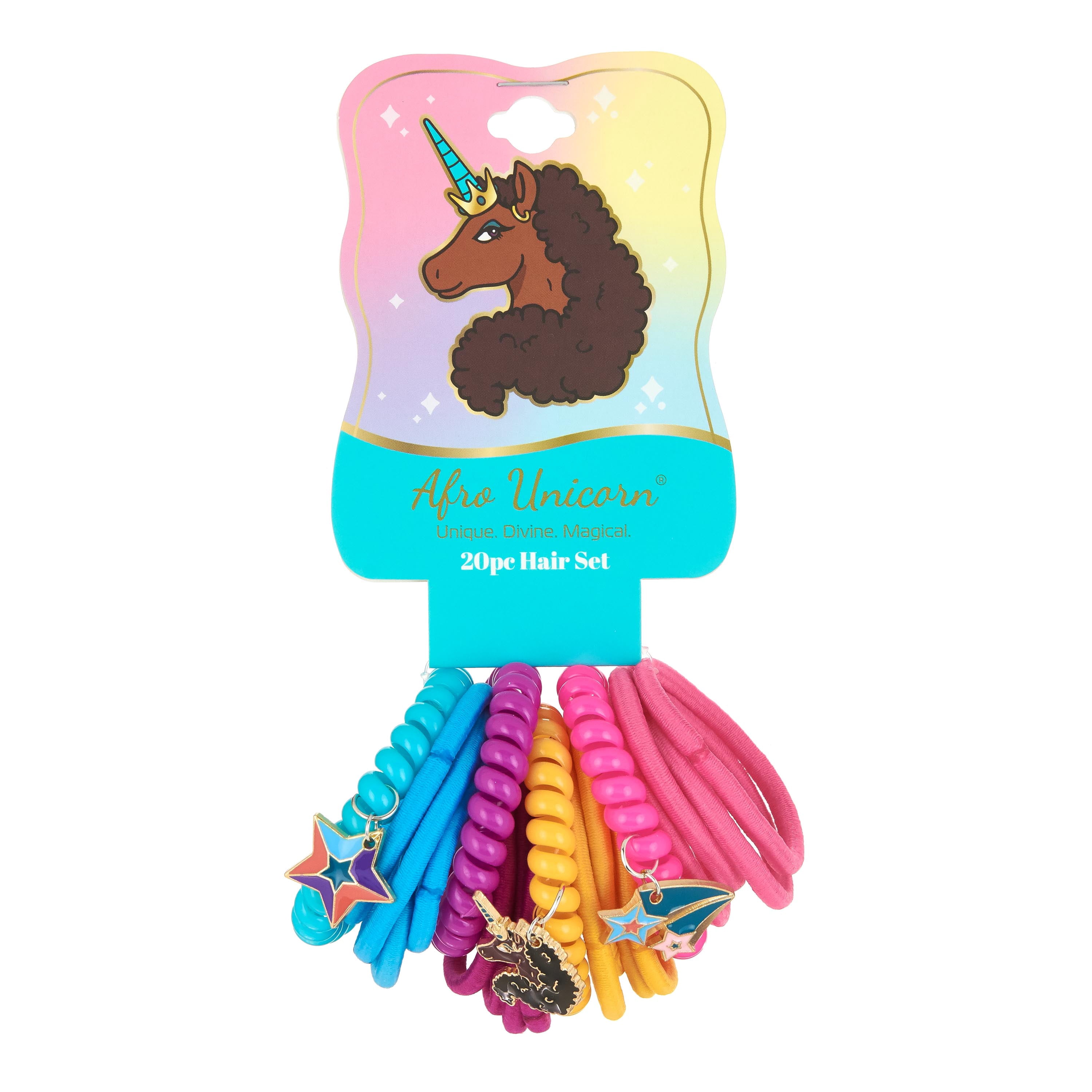 Afro Unicorn Hair Elastics & Coils with Charms Spiral Ponytail Holder, Assorted Colors, 20pc, Kids Ponytail Holder