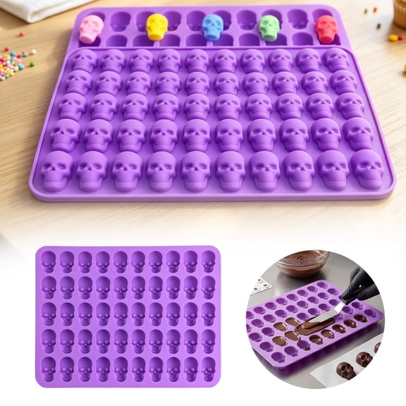 2‑Pack Halloween Mini Skull Silicone Candy Molds, 50‑Cavity Each Tray, Food‑Grade Silicone Molds for Chocolate, Gummy, Jelly, Ice Cubes, Party Baking Supplies