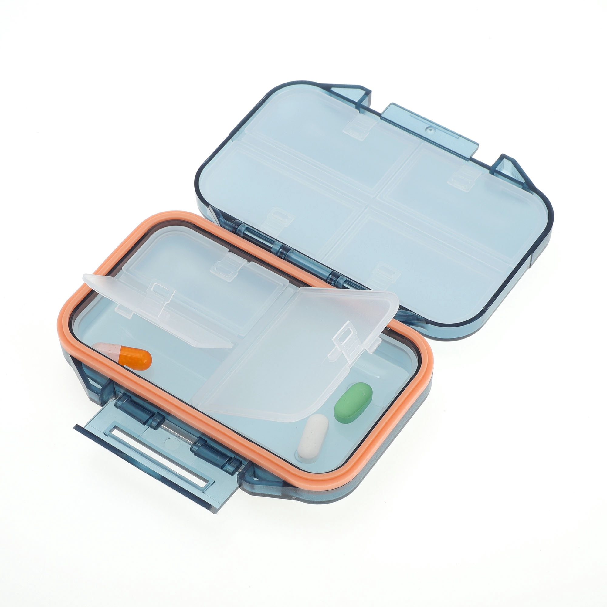Unique Bargains 7 Grids Double Layers Portable Pill Box 1 Pc Blue, Orange