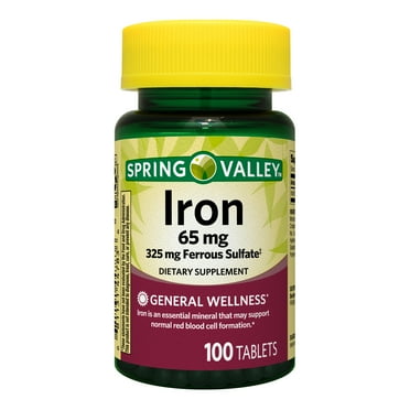 Spring Valley Iron General Health & Wellness Dietary Supplement Tablets, 65 mg, 100 Count