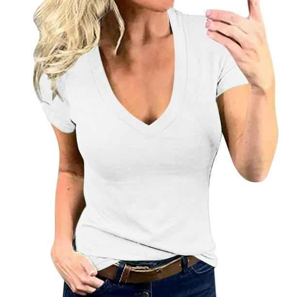 Ploknplq Tshirts Shirts for Women,Going Out Tops for Women,Shirts for Women,Women'S Solid Color V Neck Fashion Sexy Short Sleeve T Shirt,Womens Blouses,Loose Shirts for Women White XL