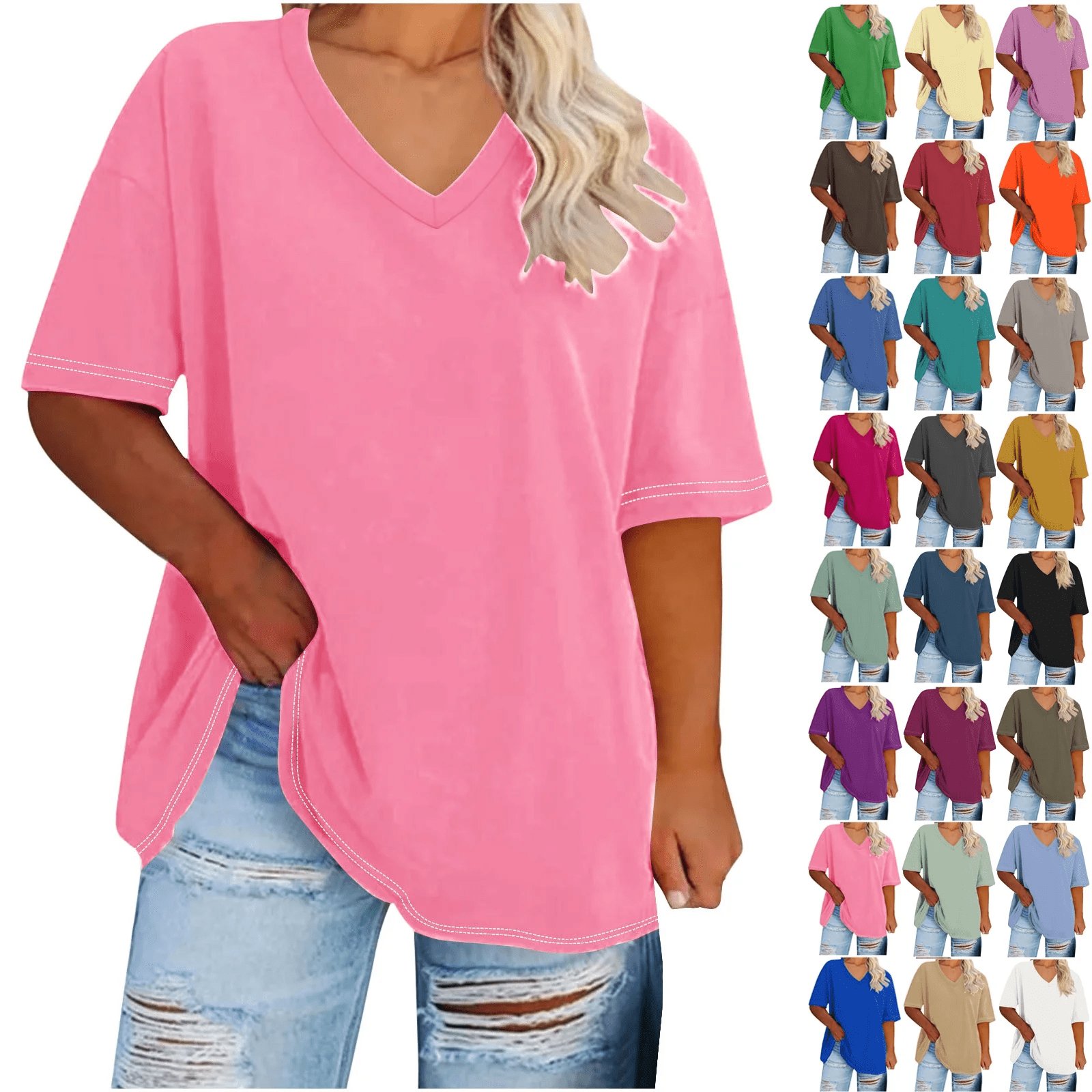 Vmvidoty Women's Plus Size Summer Short Sleeve Shirts Zip Casual Tunic V-Neck Rollable Blouse Tops Blue S Family gifts
