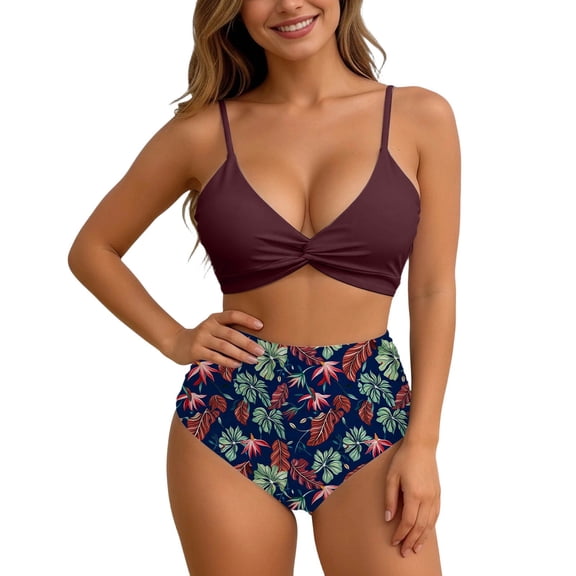 Two Piece Swimsuits for Women Push Up Bikini Tankini Top with V Neck Crisscross Back and High Waist Bottoms Hawaiian Print Brick Red L